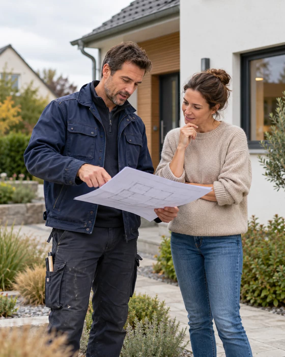 Heating installer and homeowner reviewing plans together